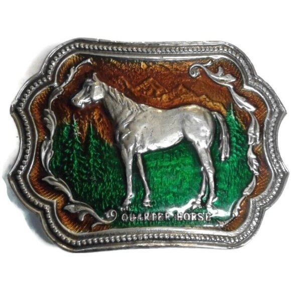 Pewter Belt Buckle Quarter Horse enameled Equestrian - Picture 1 of 7